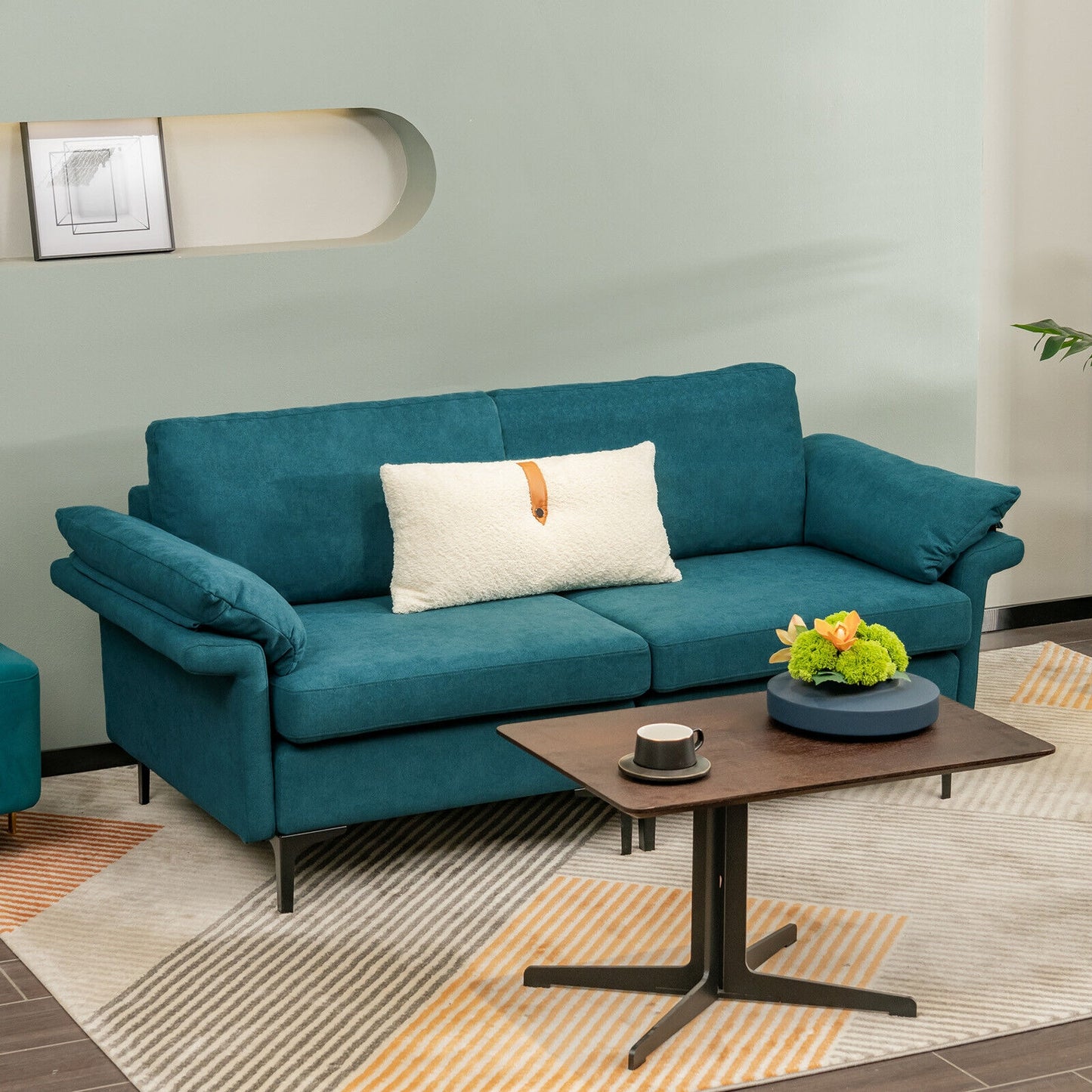 Fabric Loveseat Sofa with Supportive Cushions and Sleek Metal Legs - Peacock Blue