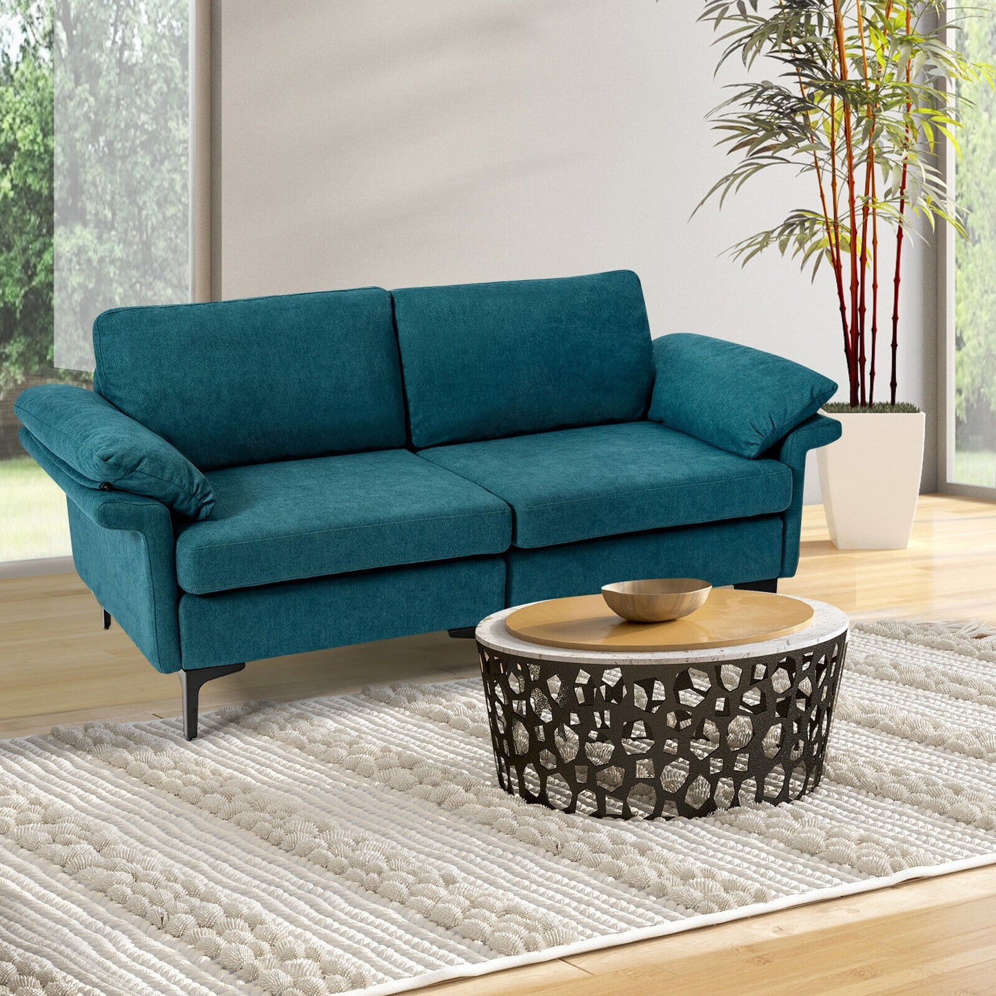 Fabric Loveseat Sofa with Supportive Cushions and Sleek Metal Legs - Peacock Blue