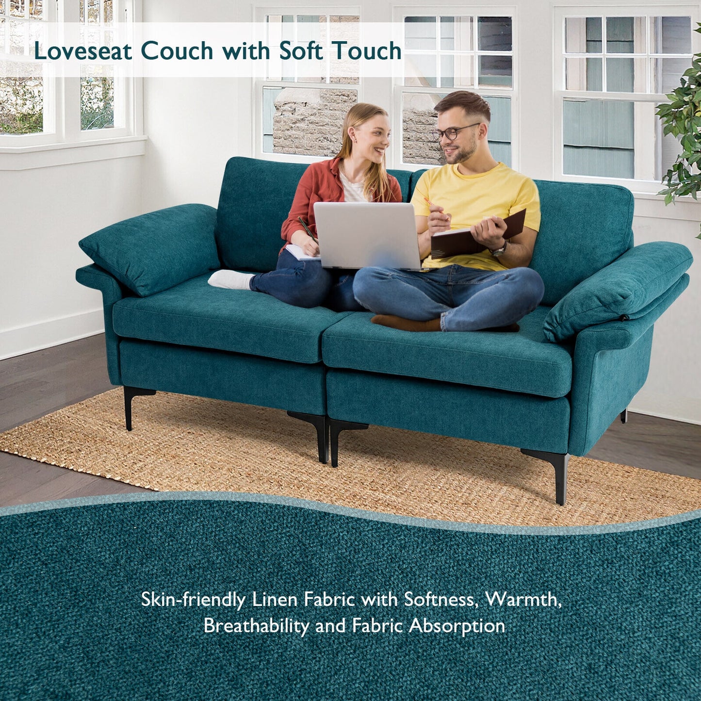 Fabric Loveseat Sofa with Supportive Cushions and Sleek Metal Legs - Peacock Blue