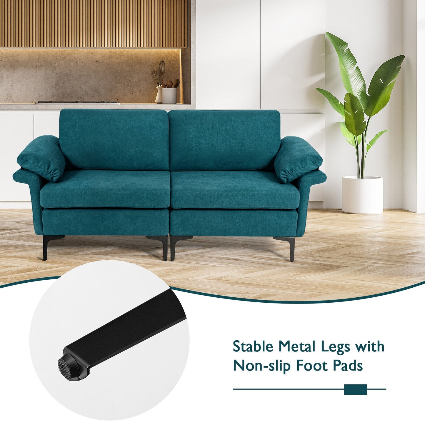 Fabric Loveseat Sofa with Supportive Cushions and Sleek Metal Legs - Peacock Blue