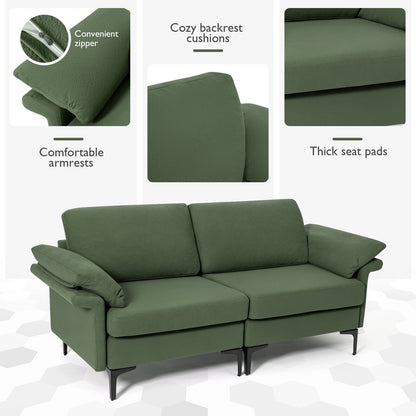 Fabric Loveseat Sofa with Supportive Cushions and Sleek Metal Legs - Army Green
