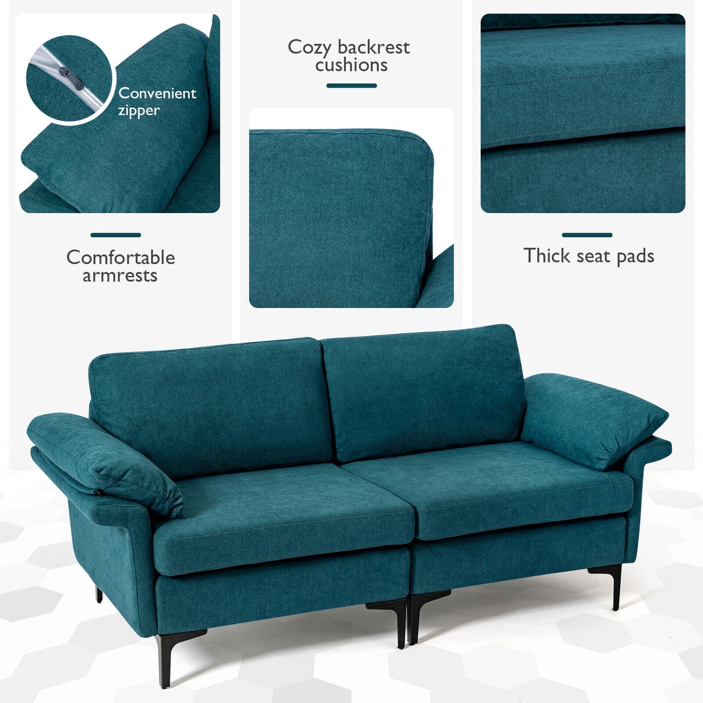 Fabric Loveseat Sofa with Supportive Cushions and Sleek Metal Legs - Peacock Blue