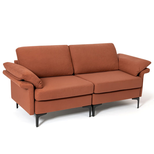 Fabric Loveseat Sofa with Supportive Cushions and Sleek Metal Legs - Rust Red