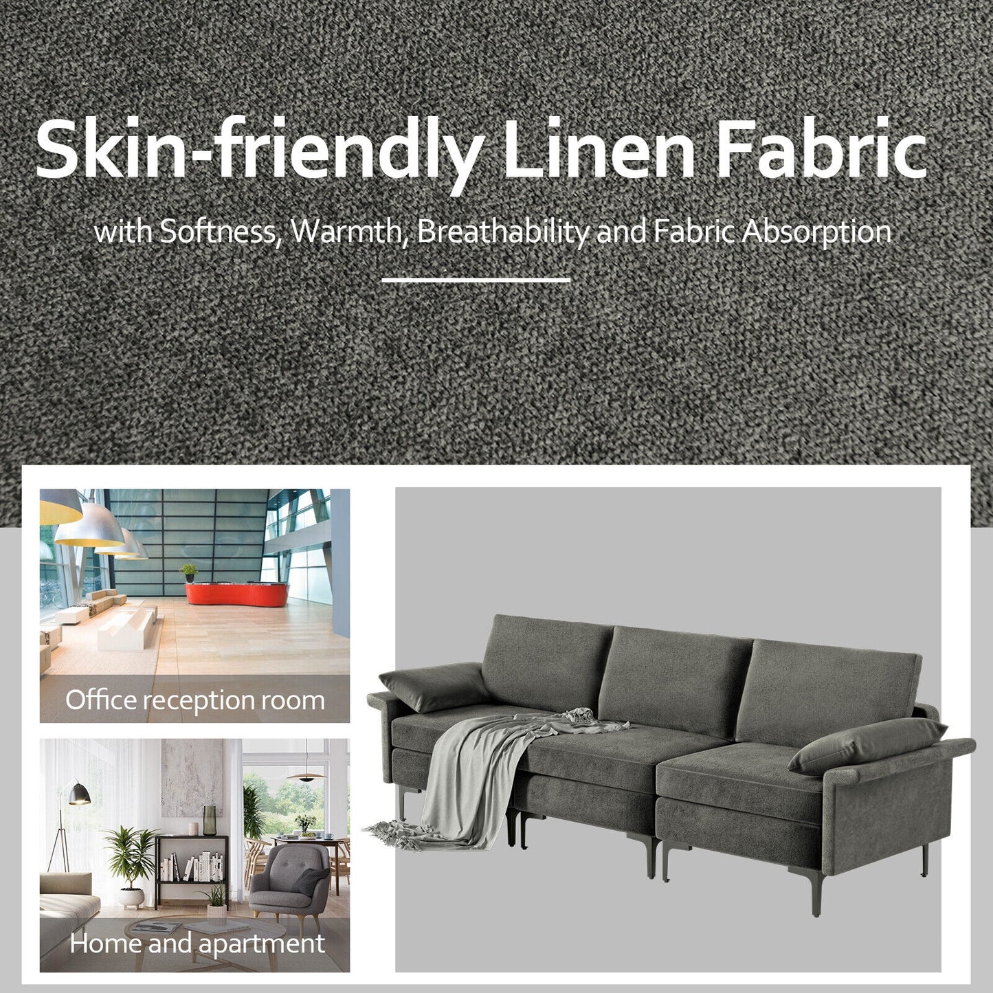 Large 3-Seat Modern Sofa with Metal Legs and Comfortable Back Cushions - Grey
