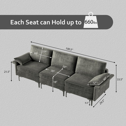 Large 3-Seat Modern Sofa with Metal Legs and Comfortable Back Cushions - Grey