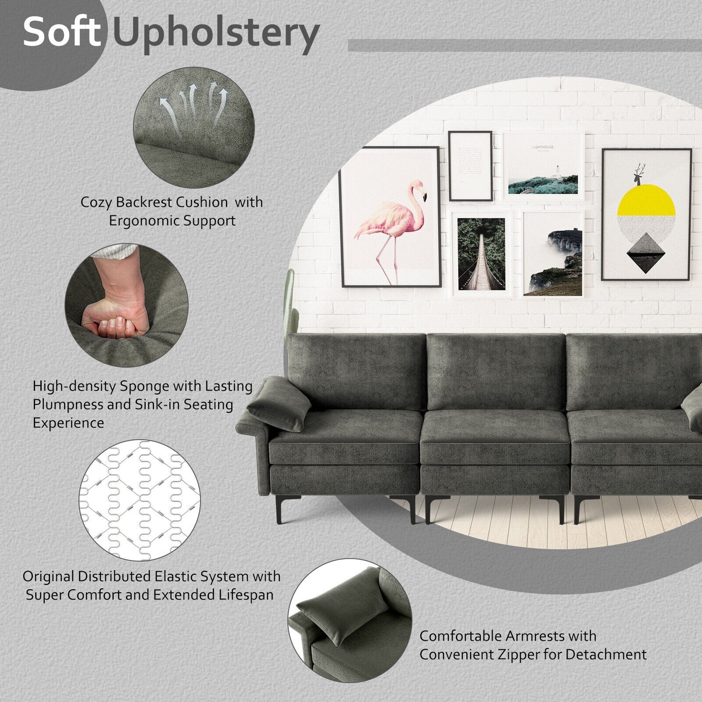 Large 3-Seat Modern Sofa with Metal Legs and Comfortable Back Cushions - Grey