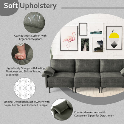 Large 3-Seat Modern Sofa with Metal Legs and Comfortable Back Cushions - Grey