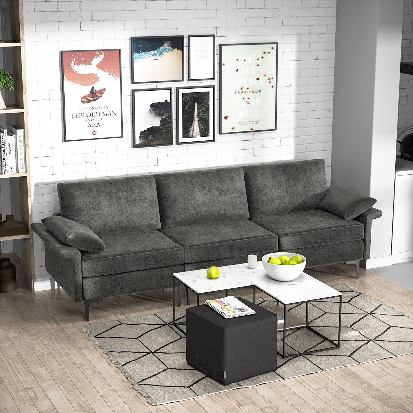 Large 3-Seat Modern Sofa with Metal Legs and Comfortable Back Cushions - Grey