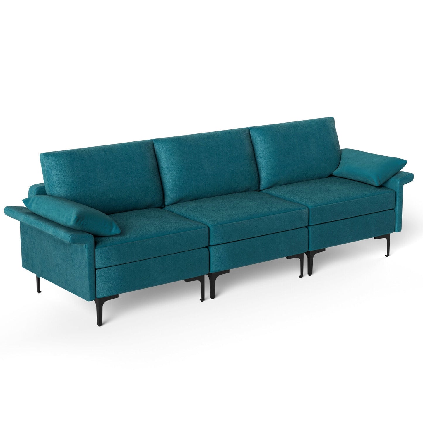 Large 3-Seat Modern Sofa with Metal Legs and Comfortable Back Cushions - Peacock Blue