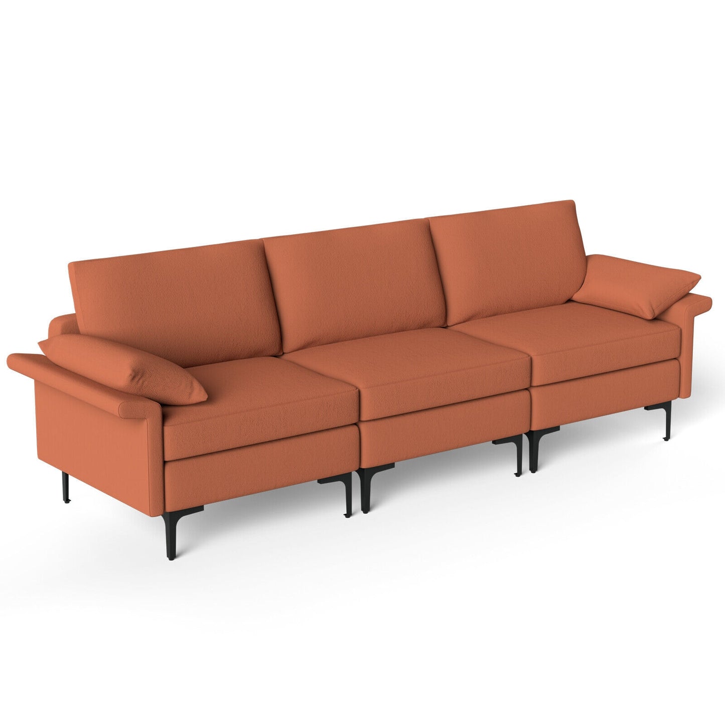 Large 3-Seat Modern Sofa with Metal Legs and Comfortable Back Cushions - Rust Red