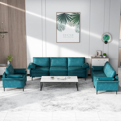 Large 3-Seat Modern Sofa with Metal Legs and Comfortable Back Cushions - Peacock Blue