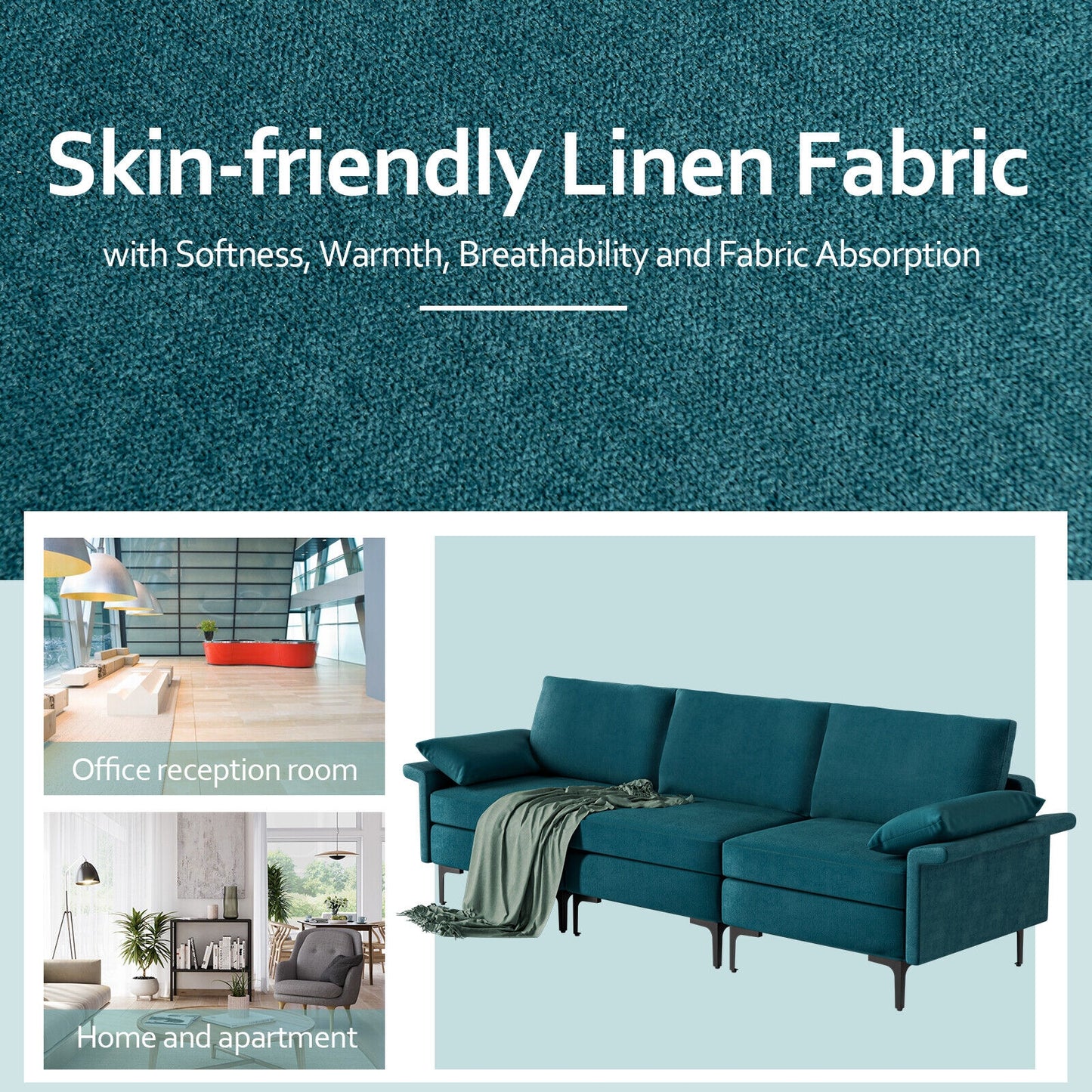 Large 3-Seat Modern Sofa with Metal Legs and Comfortable Back Cushions - Peacock Blue