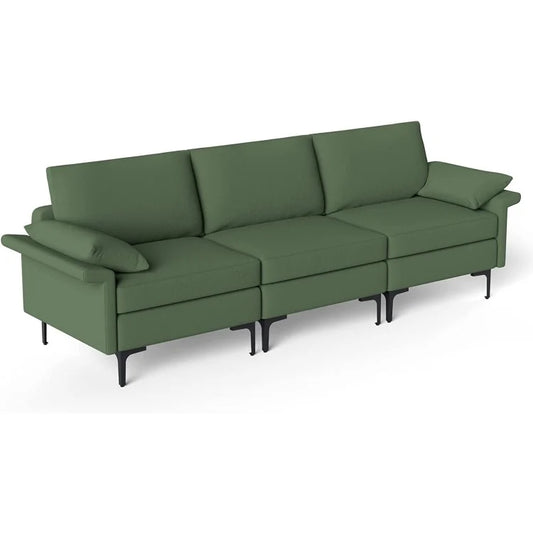 Large 3-Seat Modern Sofa with Metal Legs and Comfortable Back Cushions - Army Green