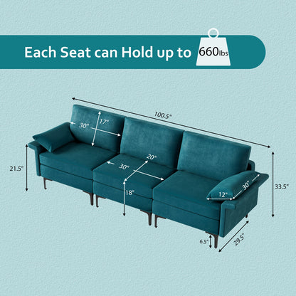 Large 3-Seat Modern Sofa with Metal Legs and Comfortable Back Cushions - Peacock Blue