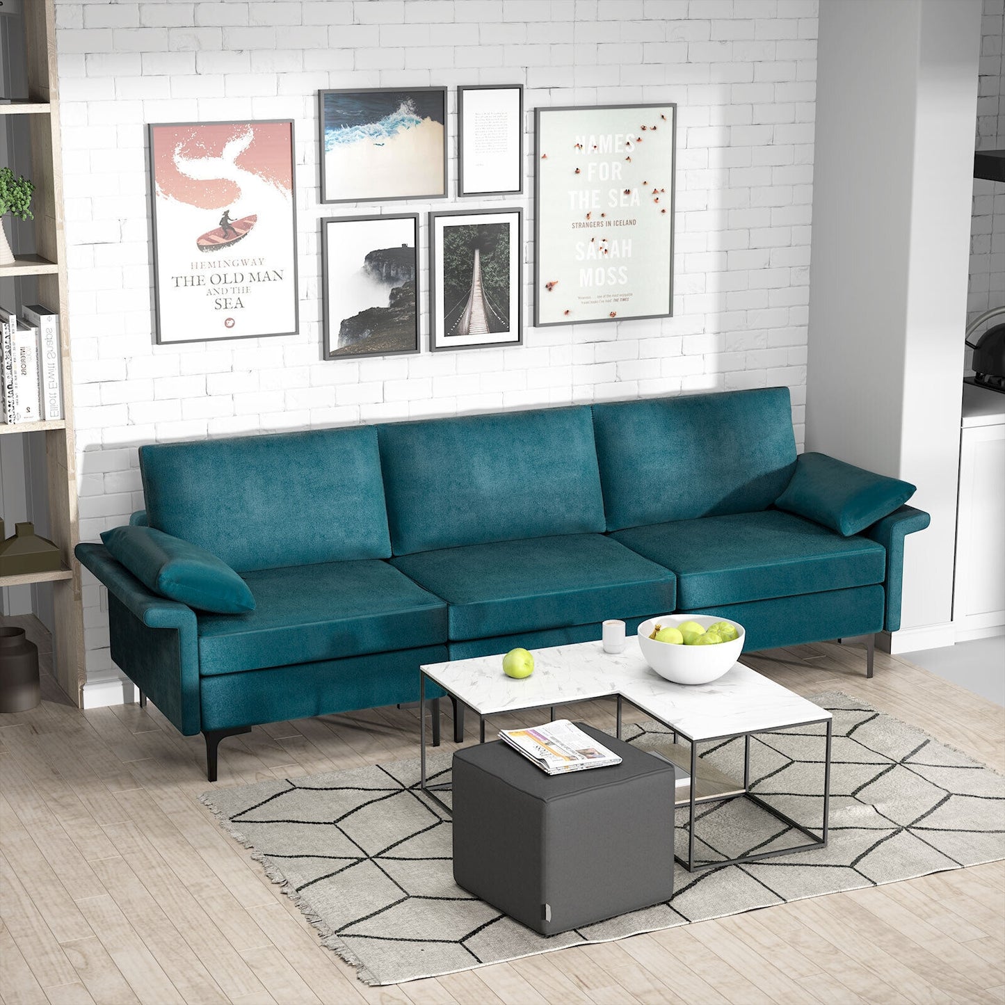 Large 3-Seat Modern Sofa with Metal Legs and Comfortable Back Cushions - Peacock Blue