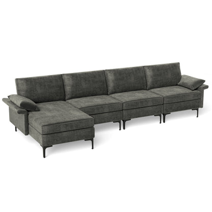 Extra Large L Shaped Sectional Sofa with Reversible Chaise and Built In USB Ports in Grey