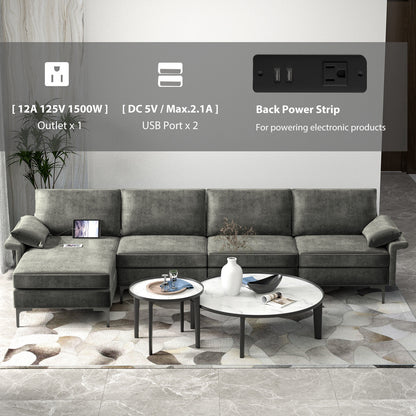 Extra Large L Shaped Sectional Sofa with Reversible Chaise and Built In USB Ports in Grey