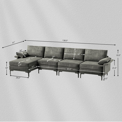 Extra Large L Shaped Sectional Sofa with Reversible Chaise and Built In USB Ports in Grey