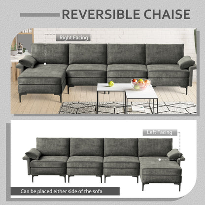 Extra Large L Shaped Sectional Sofa with Reversible Chaise and Built In USB Ports in Grey
