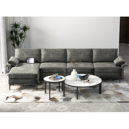 Extra Large L Shaped Sectional Sofa with Reversible Chaise and Built In USB Ports in Grey