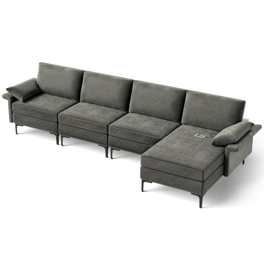 Extra Large L Shaped Sectional Sofa with Reversible Chaise and Built In USB Ports in Grey