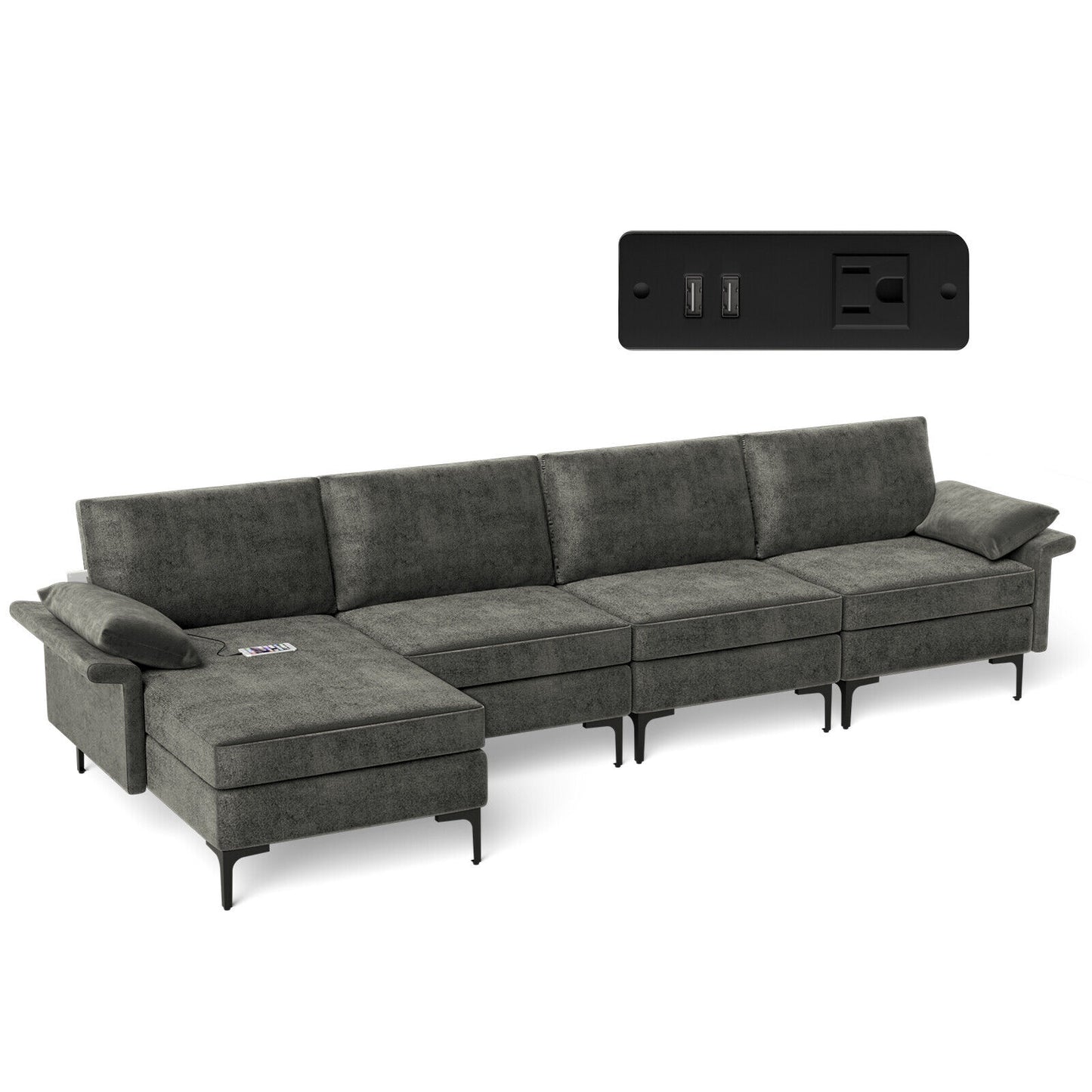 Extra Large L Shaped Sectional Sofa with Reversible Chaise and Built In USB Ports in Grey