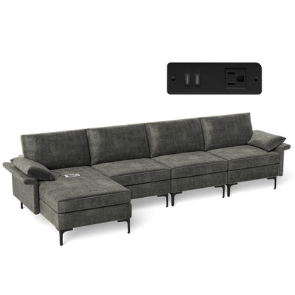 Extra Large L Shaped Sectional Sofa with Reversible Chaise and Built In USB Ports in Grey