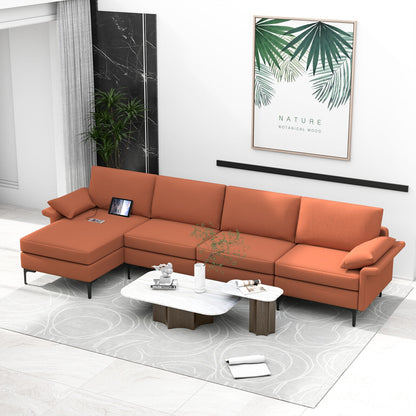 Extra Large L Shaped Sectional Sofa with Reversible Chaise and Built In USB Ports in Rust Red