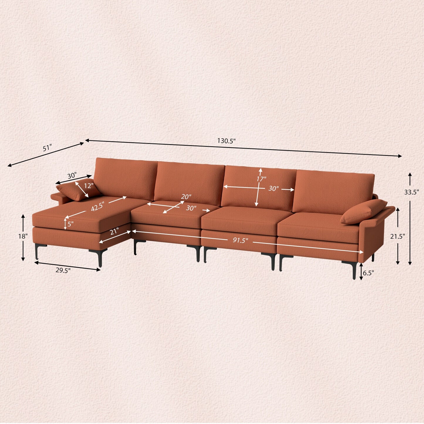 Extra Large L Shaped Sectional Sofa with Reversible Chaise and Built In USB Ports in Rust Red
