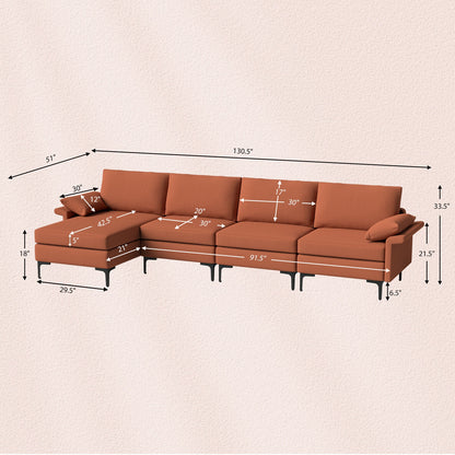 Extra Large L Shaped Sectional Sofa with Reversible Chaise and Built In USB Ports in Rust Red