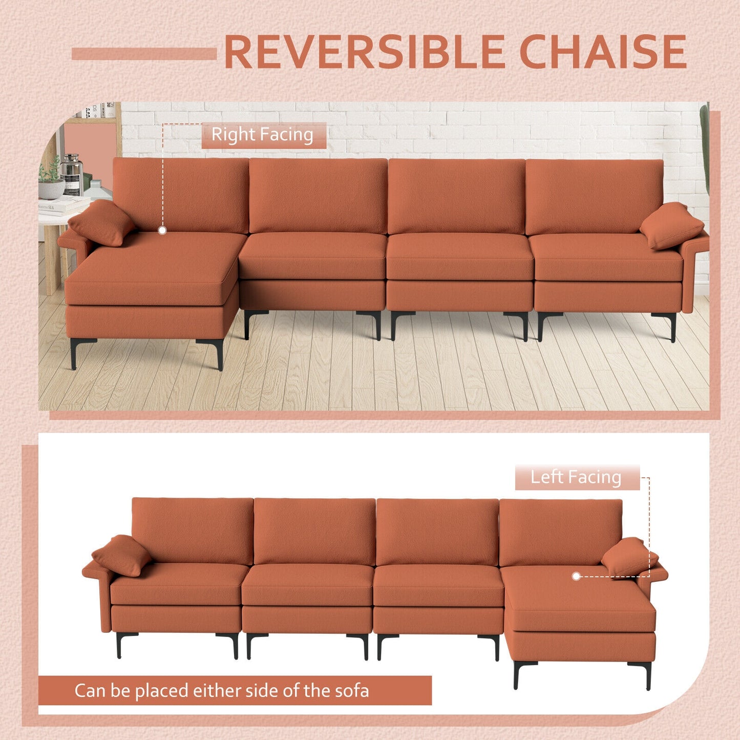 Extra Large L Shaped Sectional Sofa with Reversible Chaise and Built In USB Ports in Rust Red