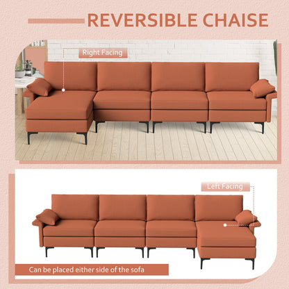 Extra Large L Shaped Sectional Sofa with Reversible Chaise and Built In USB Ports in Rust Red