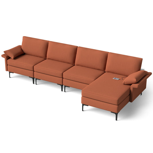 Extra Large L Shaped Sectional Sofa with Reversible Chaise and Built In USB Ports in Rust Red