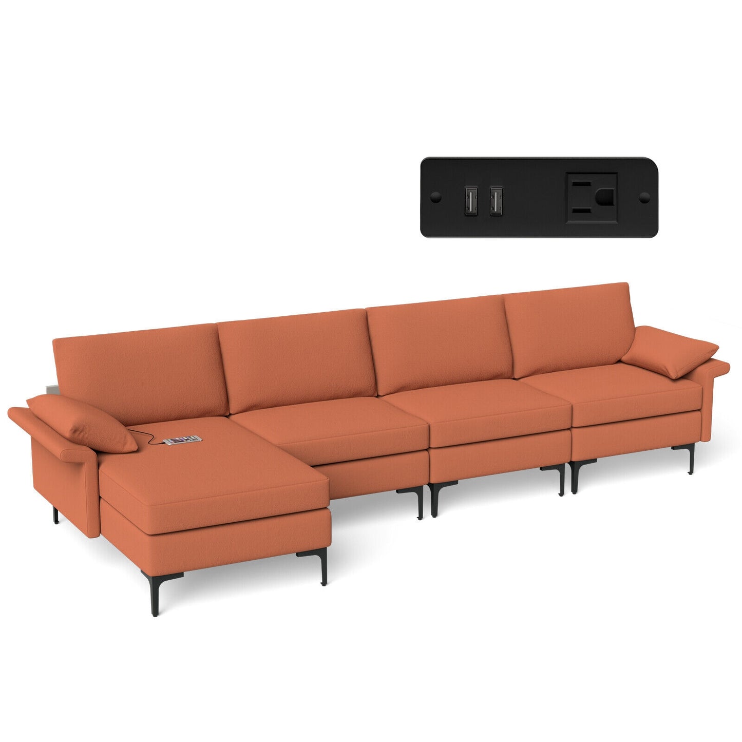 Extra Large L Shaped Sectional Sofa with Reversible Chaise and Built In USB Ports in Rust Red
