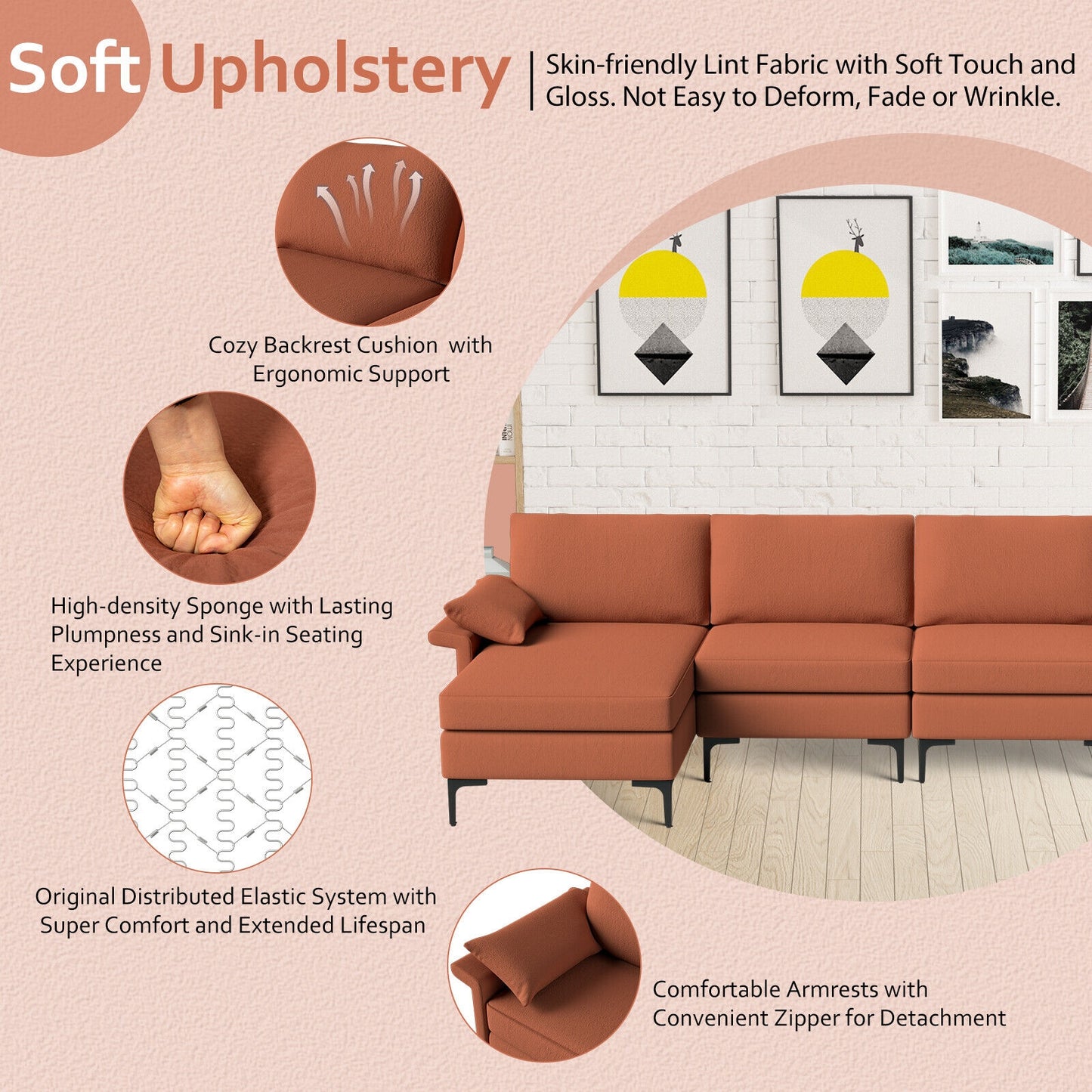 Extra Large L Shaped Sectional Sofa with Reversible Chaise and Built In USB Ports in Rust Red