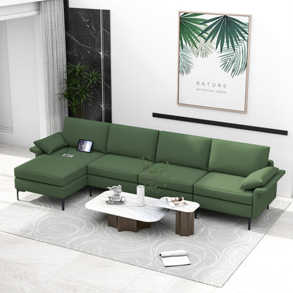 Extra Large L Shaped Sectional Sofa with Reversible Chaise and Built In USB Ports in Army Green
