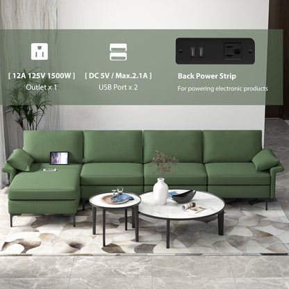 Extra Large L Shaped Sectional Sofa with Reversible Chaise and Built In USB Ports in Army Green