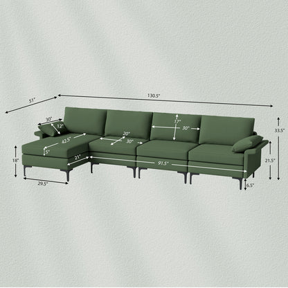 Extra Large L Shaped Sectional Sofa with Reversible Chaise and Built In USB Ports in Army Green