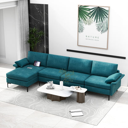 Extra Large L Shaped Sectional Sofa with Reversible Chaise and Built In USB Ports in Peacock Blue