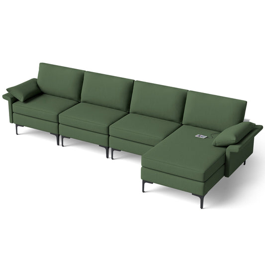 Extra Large L Shaped Sectional Sofa with Reversible Chaise and Built In USB Ports in Army Green