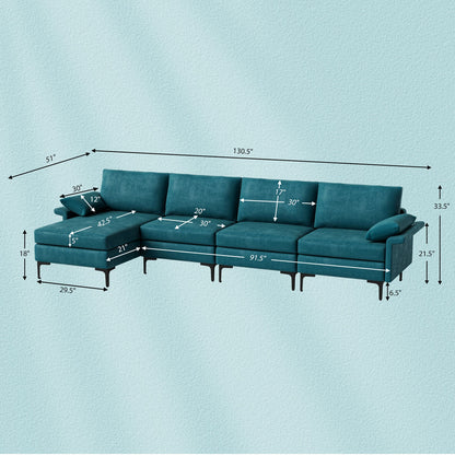 Extra Large L Shaped Sectional Sofa with Reversible Chaise and Built In USB Ports in Peacock Blue