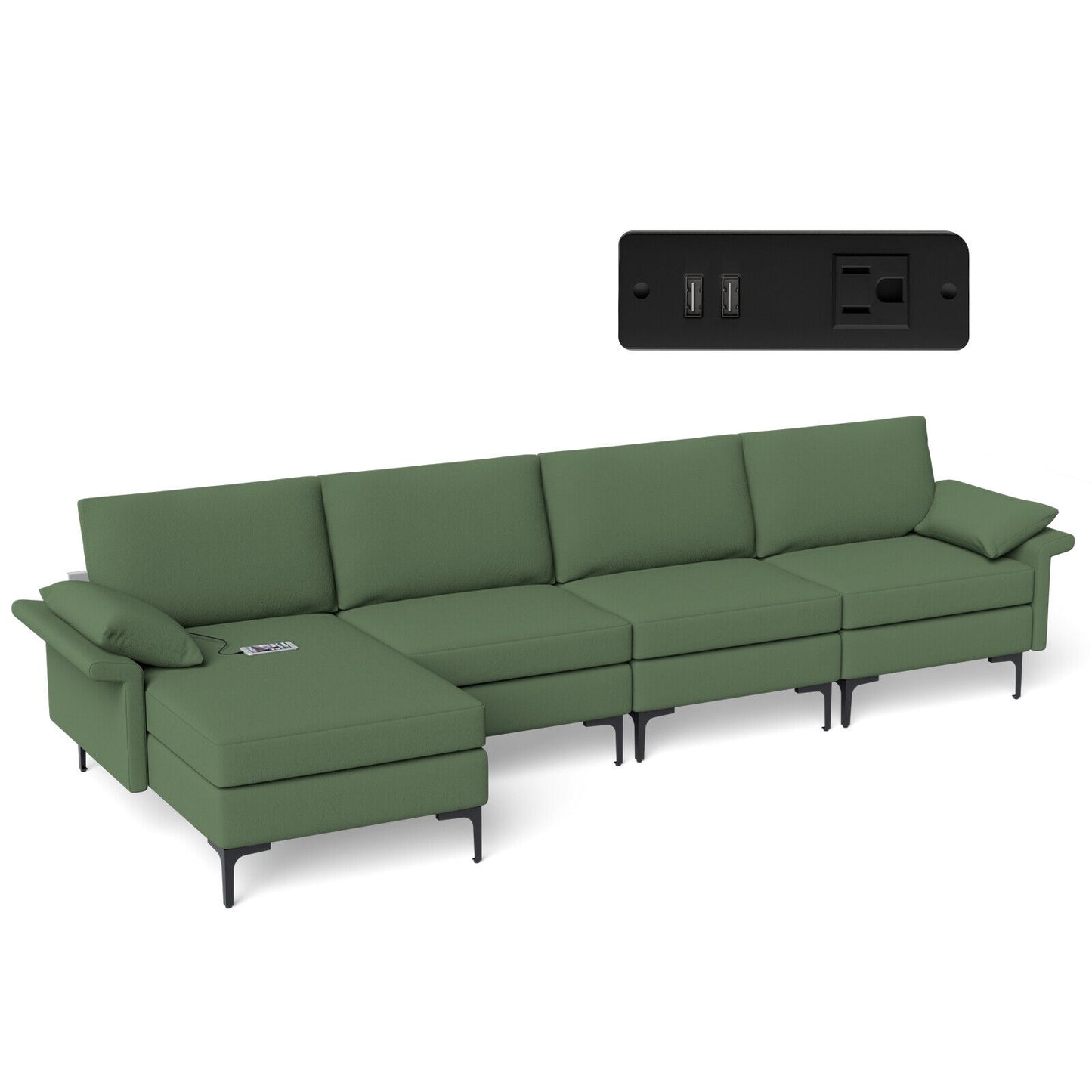 Extra Large L Shaped Sectional Sofa with Reversible Chaise and Built In USB Ports in Army Green