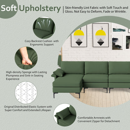 Extra Large L Shaped Sectional Sofa with Reversible Chaise and Built In USB Ports in Army Green