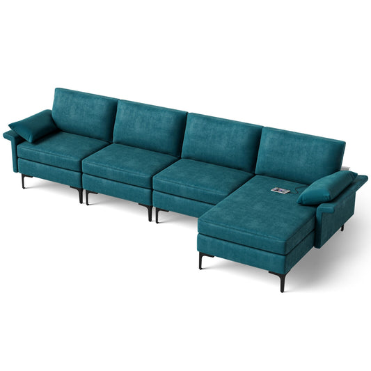 Extra Large L Shaped Sectional Sofa with Reversible Chaise and Built In USB Ports in Peacock Blue