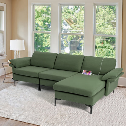 Modular L-Shaped Sectional Sofa with Reversible Chaise and Built-in Charging Port – Army Green
