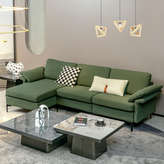 Modular L-Shaped Sectional Sofa with Reversible Chaise and Built-in Charging Port – Army Green