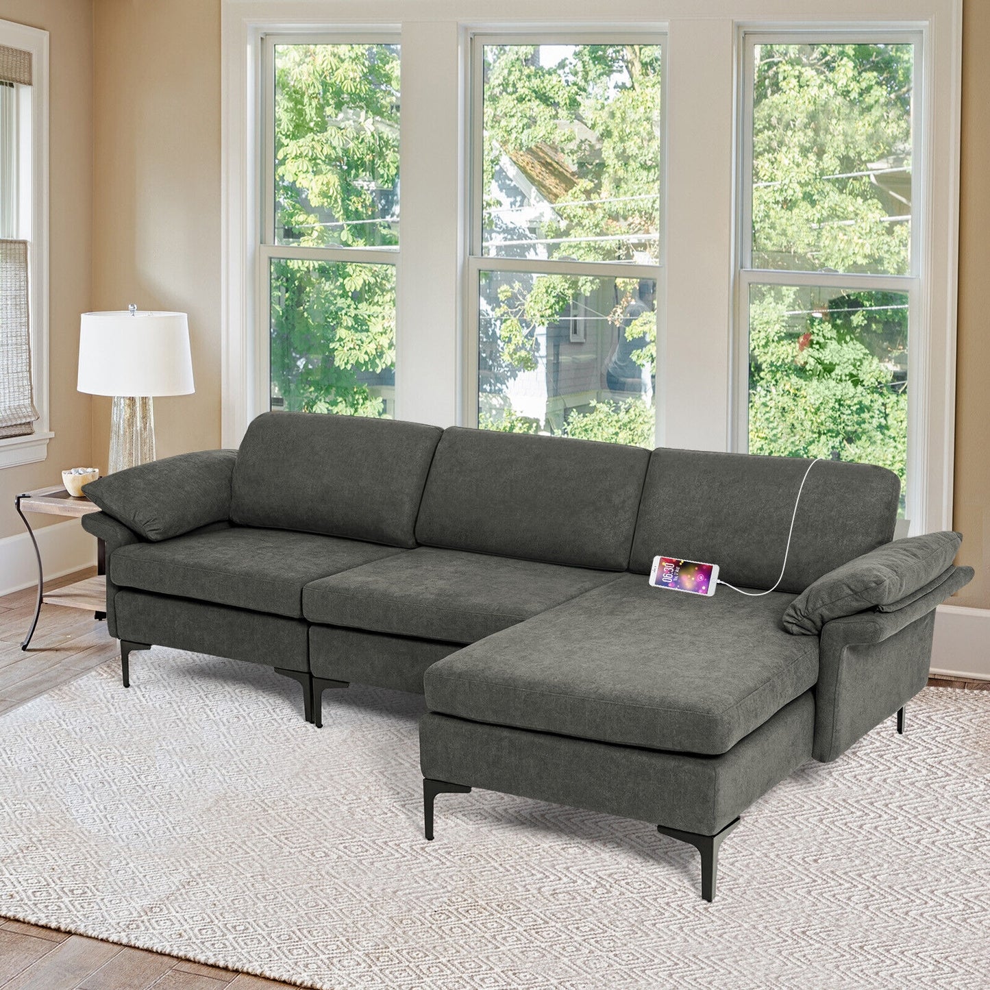 Modular L-Shaped Sectional Sofa with Reversible Chaise and Built-in Charging Port – Grey
