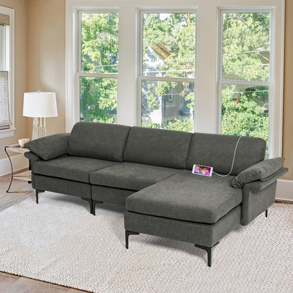 Modular L-Shaped Sectional Sofa with Reversible Chaise and Built-in Charging Port – Grey