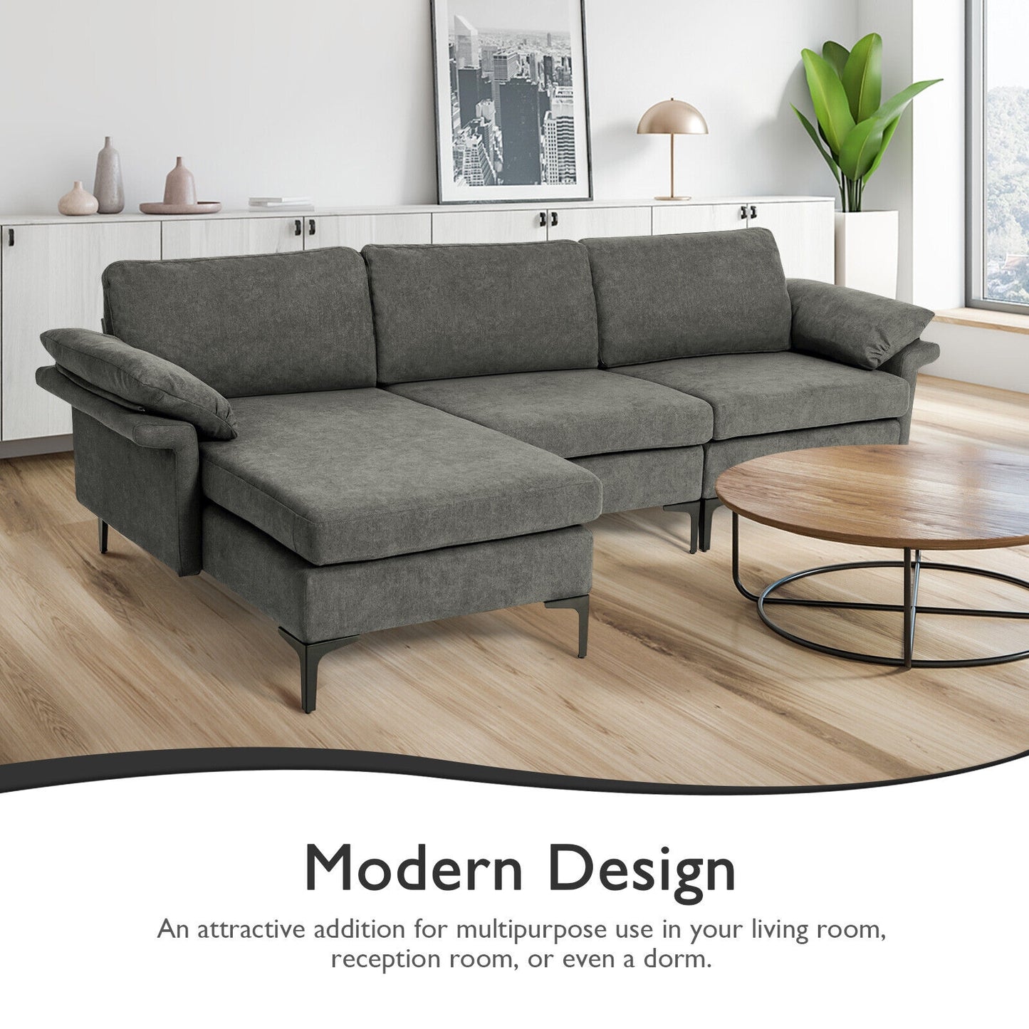 Modular L-Shaped Sectional Sofa with Reversible Chaise and Built-in Charging Port – Grey