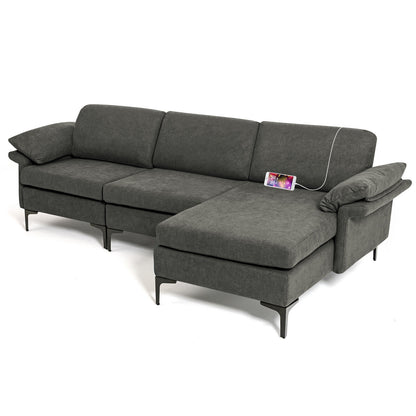 Modular L-Shaped Sectional Sofa with Reversible Chaise and Built-in Charging Port – Grey